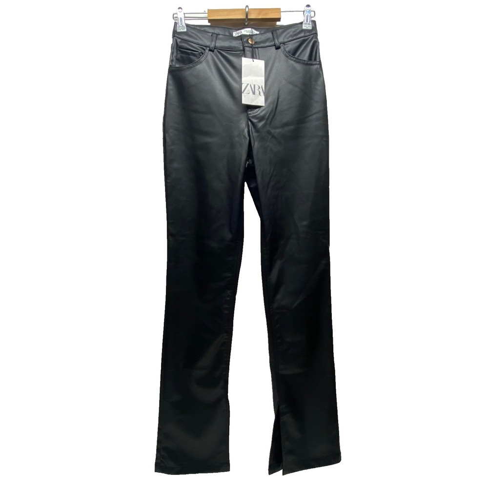 Zara Faux Leather Pants Women's 4 Black Ankle Slit 5 Pocket Stretch NWT